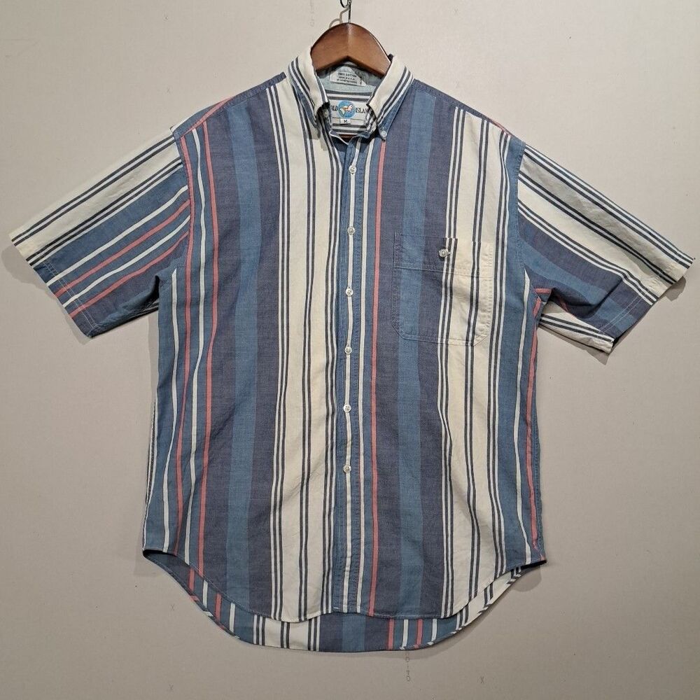 World Island Button Short Sleeve Shirt Striped Vintage USA Cotton Medium Blue